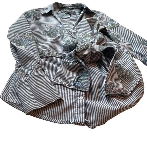 ZARA Woman Striped Floral Wrap Tie Shirt Blue White size Medium Casual button up - Picture 6 of 11